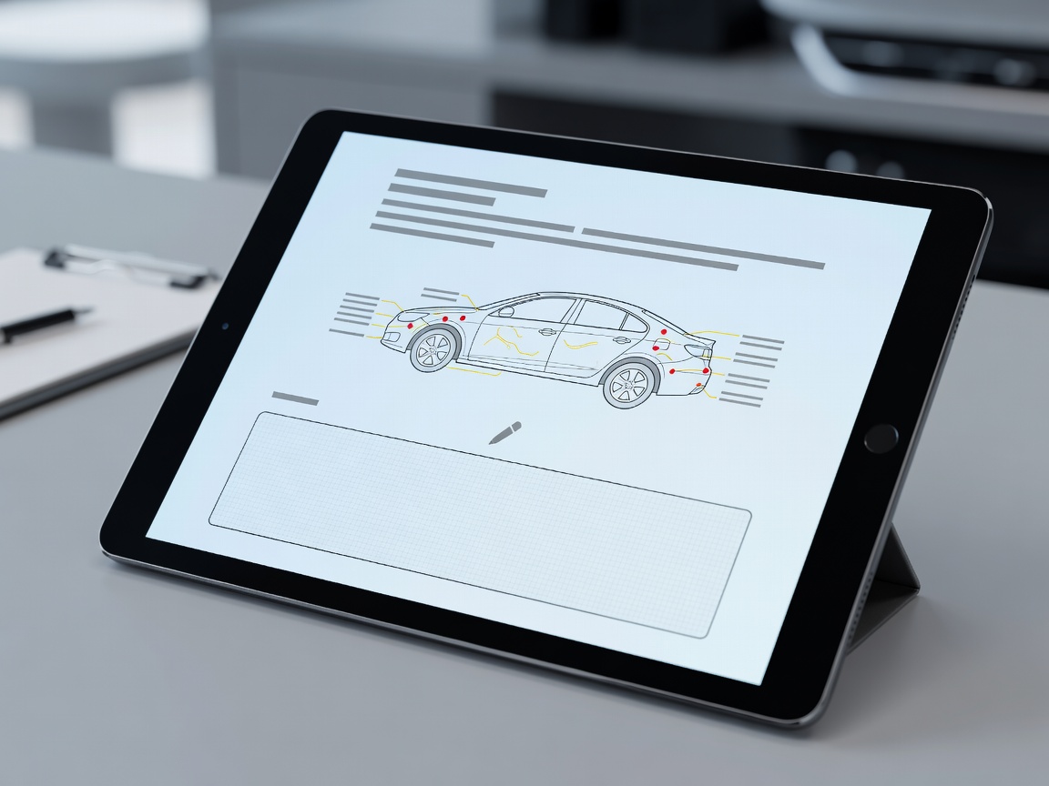 Digital tablet showing legal vehicle condition report and handover signature pad