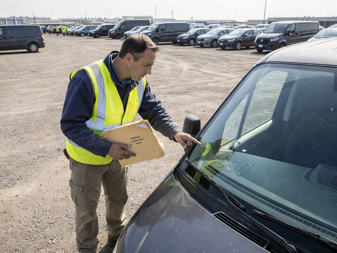 Fleet logistics coordinator checking vehicle collection documents against windscreen VIN stamp