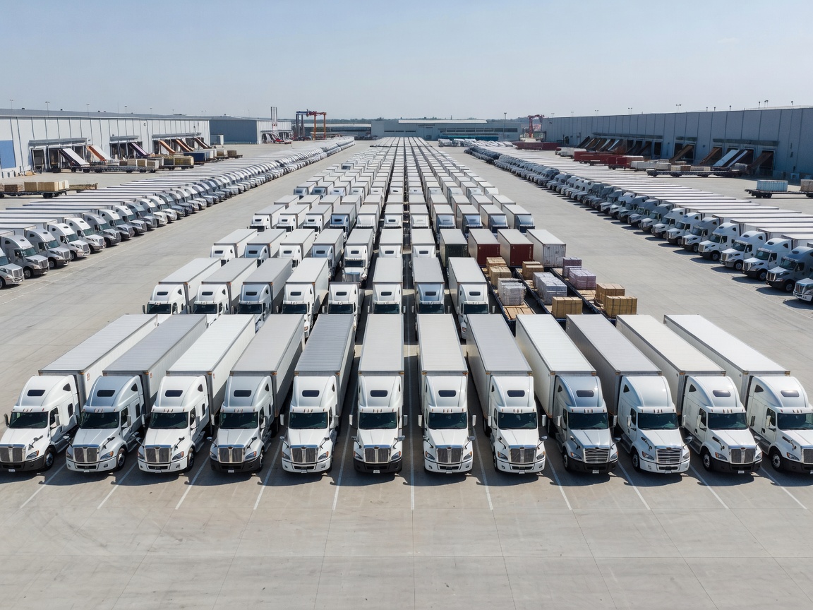 Fleet of commercial transport vehicles staged in an organized logistics compound yard