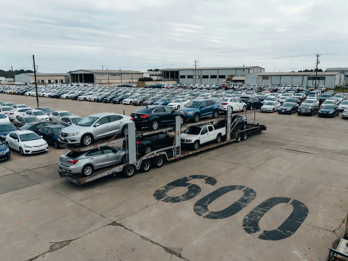 Fleet staging depot with commercial car transporter awaiting vehicle collection