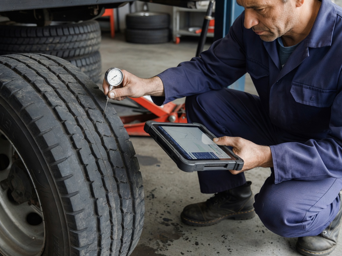 Inspector using gauge to measure tire tread depth while recording findings on a handheld tablet