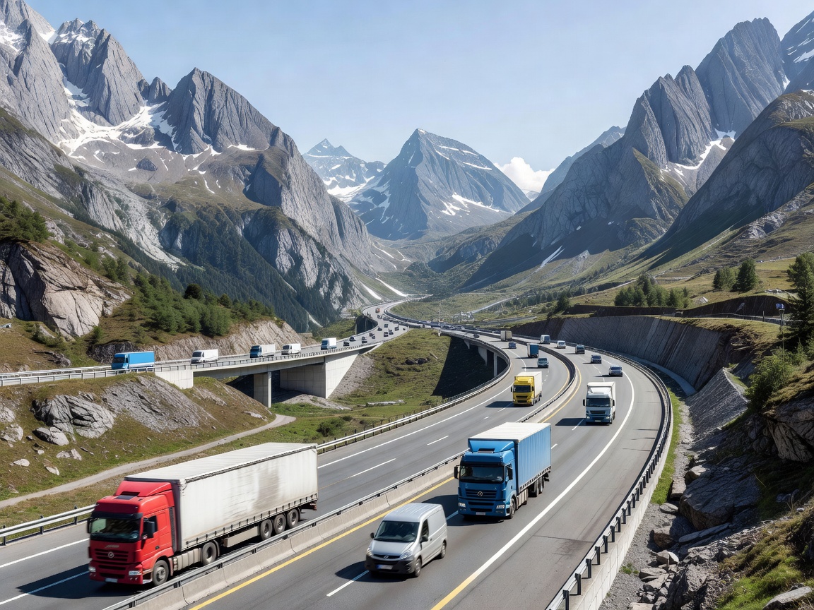 Motorway corridor through European mountain pass with logistics vehicles