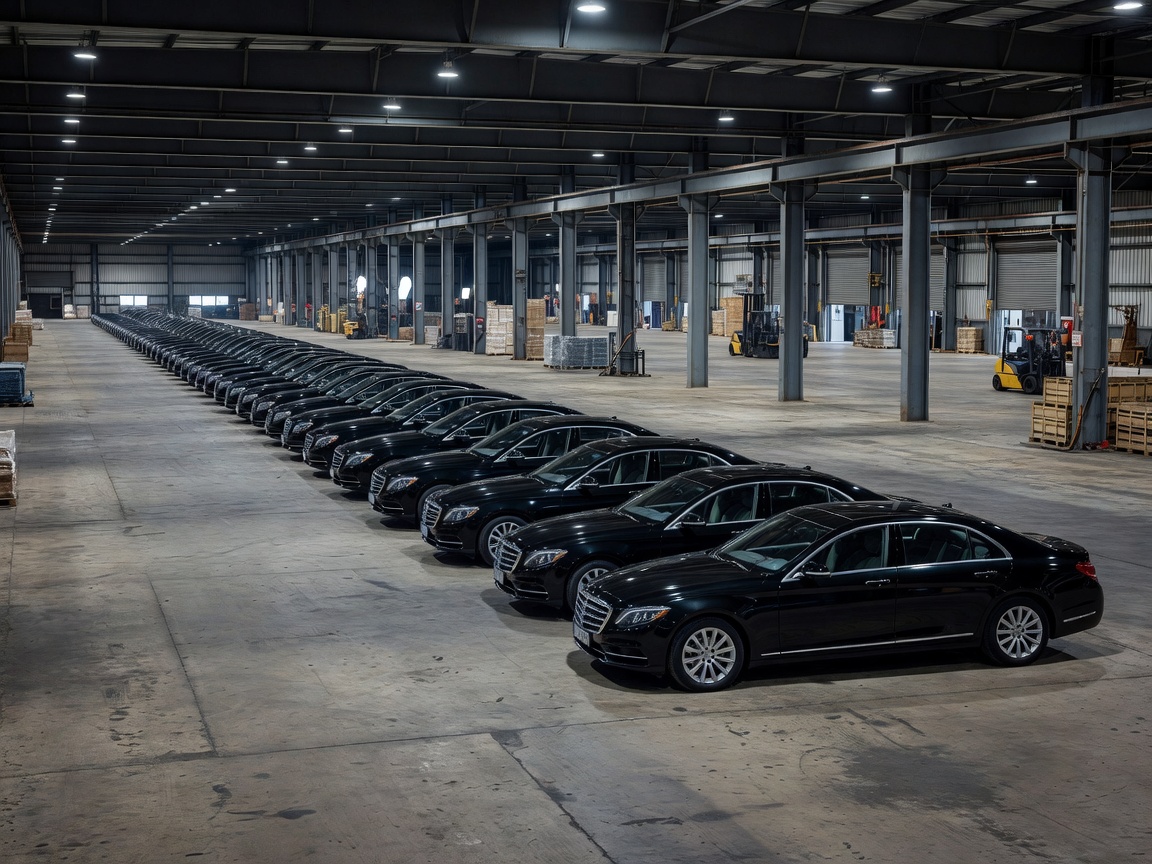 Row of identical executive vehicles aligned in an industrial logistics terminal