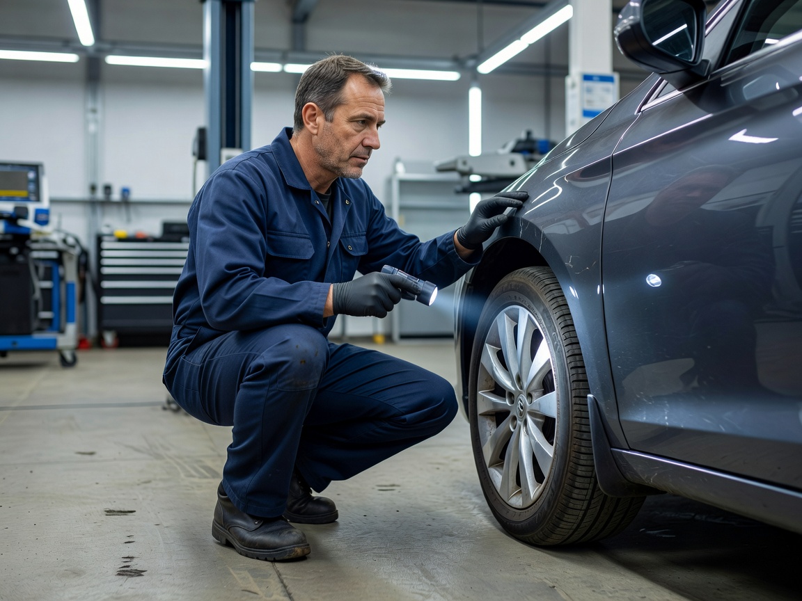 Specialist checking vehicle body panels and wheel rim condition in an inspection bay