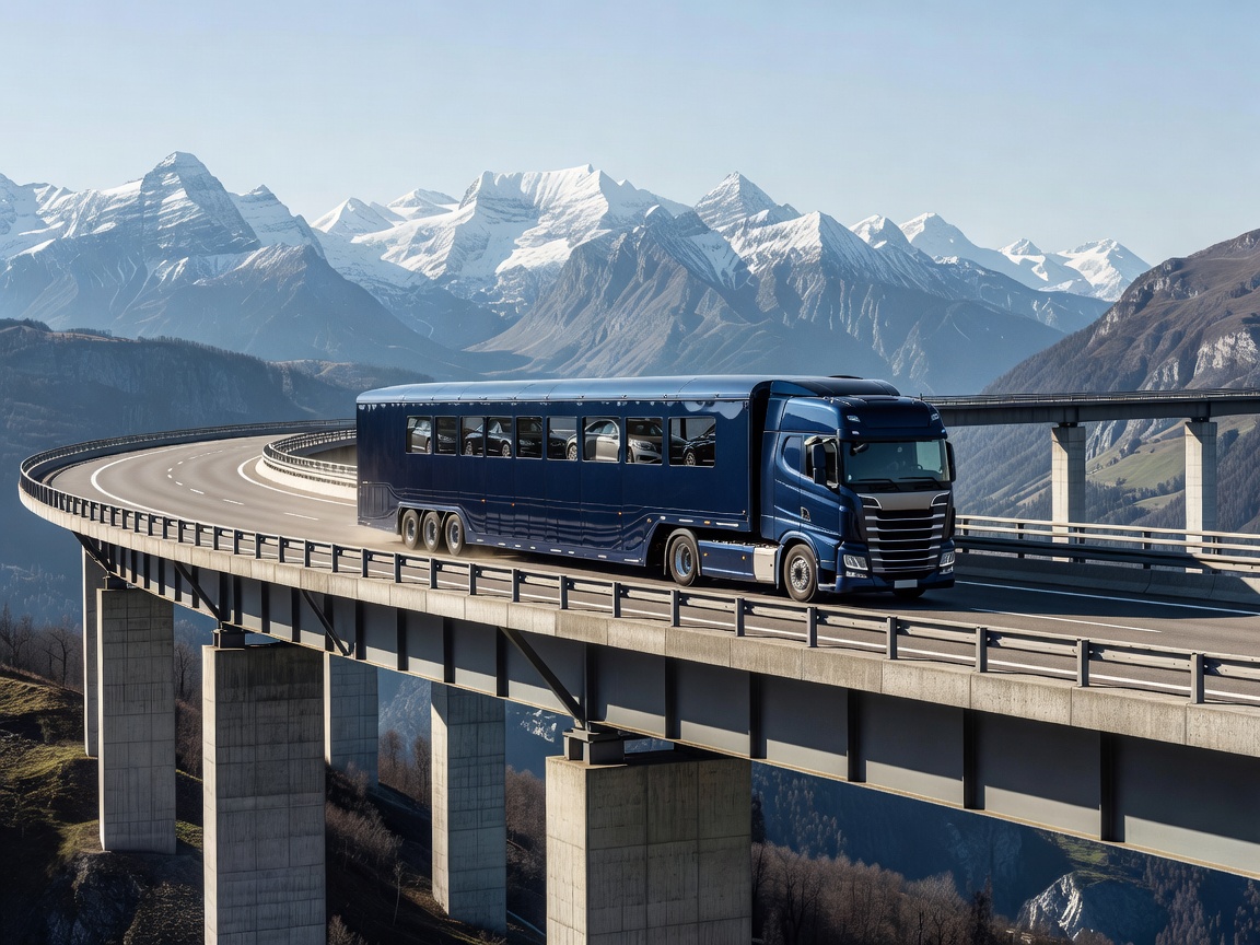 Specialized enclosed car transporter driving on European motorway bridge with mountains in background