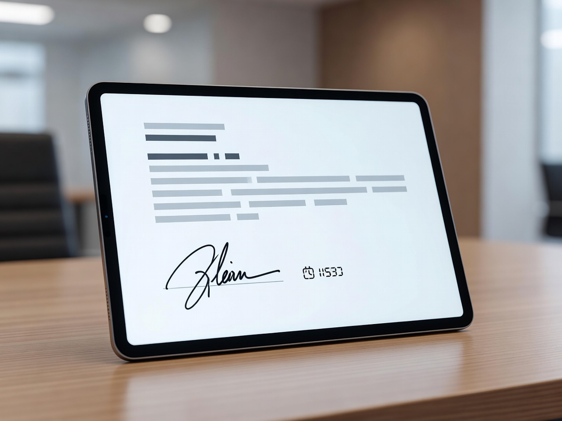 Tablet displaying finalized vehicle handover certificate with electronic recipient signature and timestamp